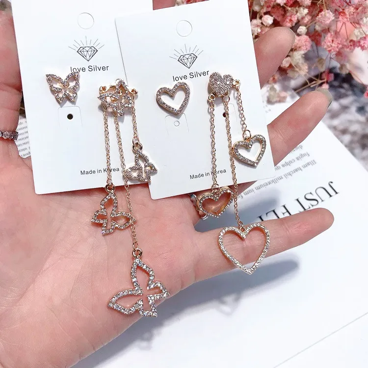 heart asymmetric butterfly cz earring 925 silver pin Hypoallergenic fadeless alloy fashion jewelry stud earrings women girl gift