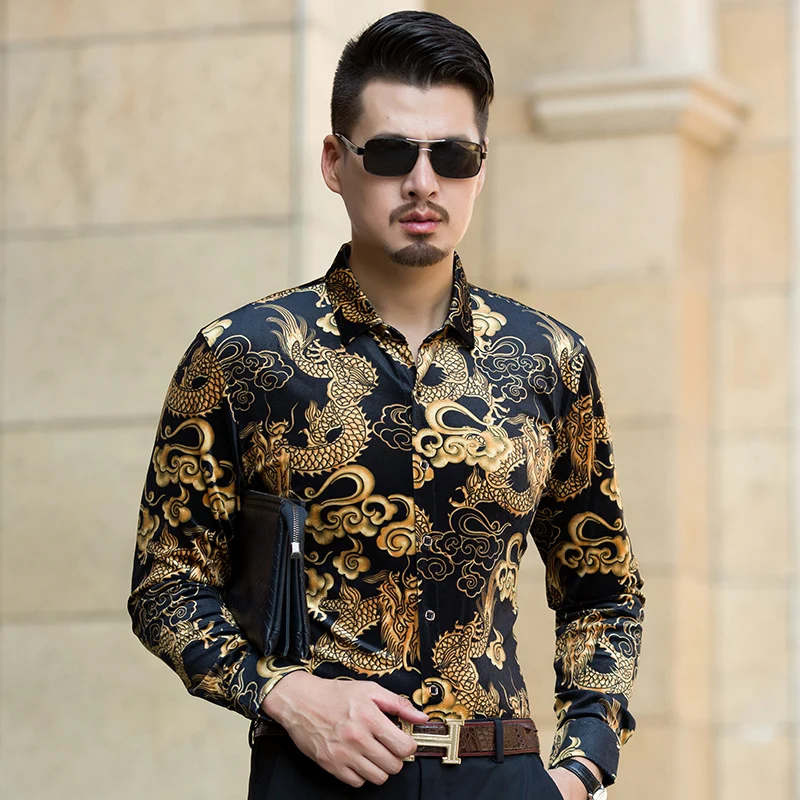 Осенние золотые бархатные рубашки мужские китайский дракон отложной воротник рубашка с длинным рукавом Модный узор мужские золотые бархатные рубашки
