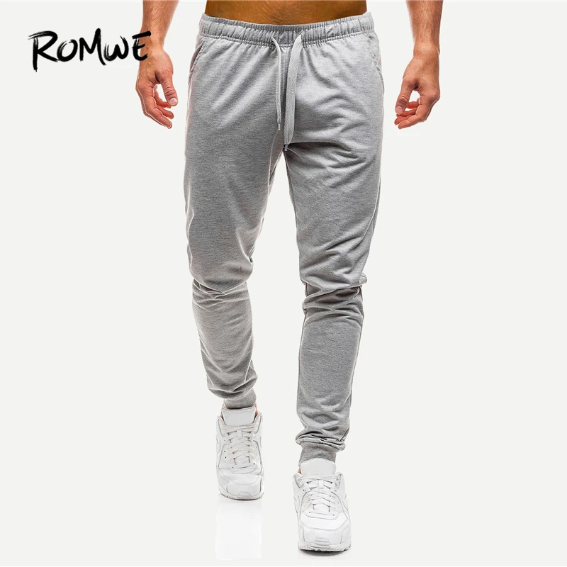 

ROMWE Men Solid Drawstring Pants 2019 Fashion Grey Full Length Mid Waist Casual Tapered Carrot Spring Autumn Fitness Pants