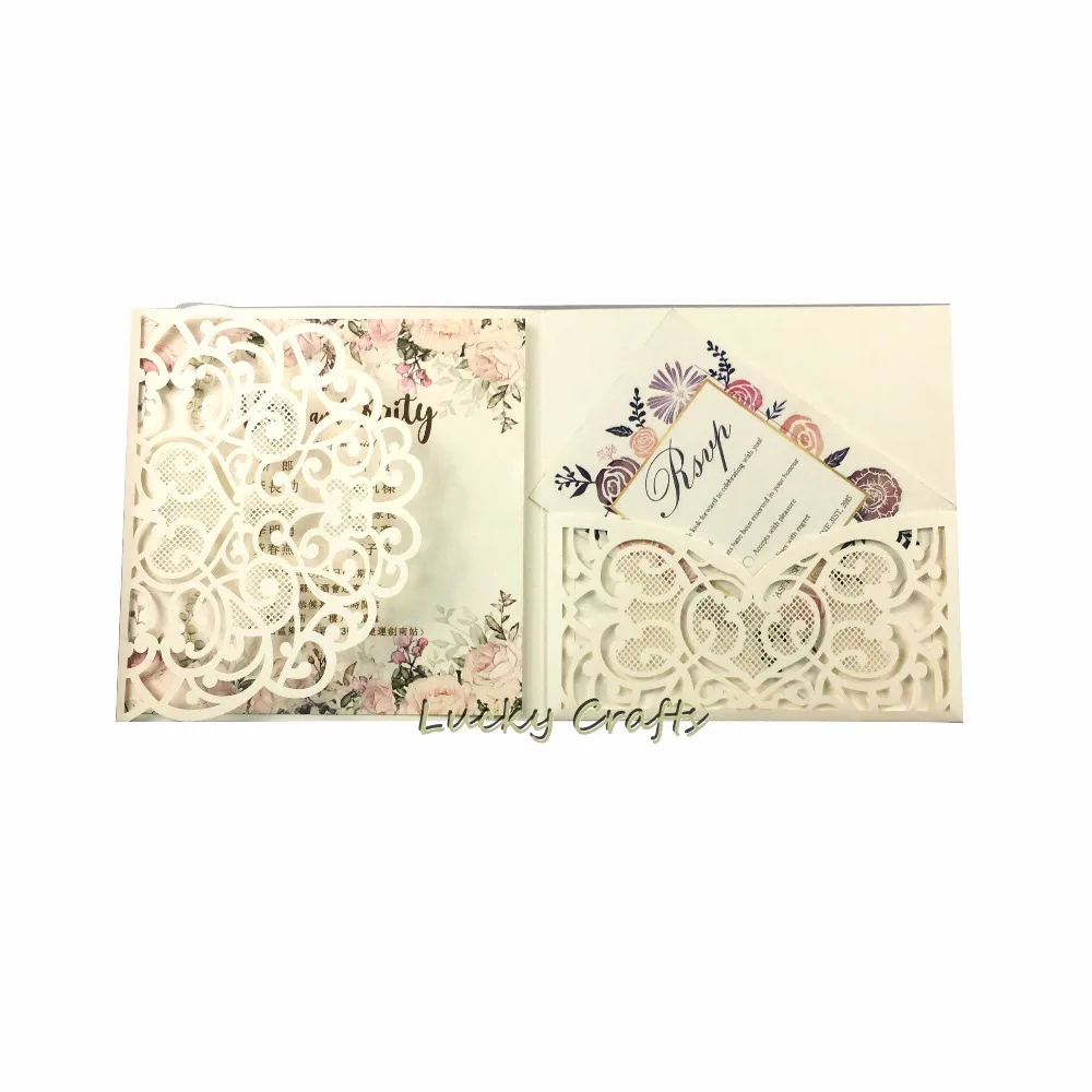 

50pcs elegant square tri-fold pocketfold laser cut lace Wedding invitations trifold pocket invitation card gatefold anniversary