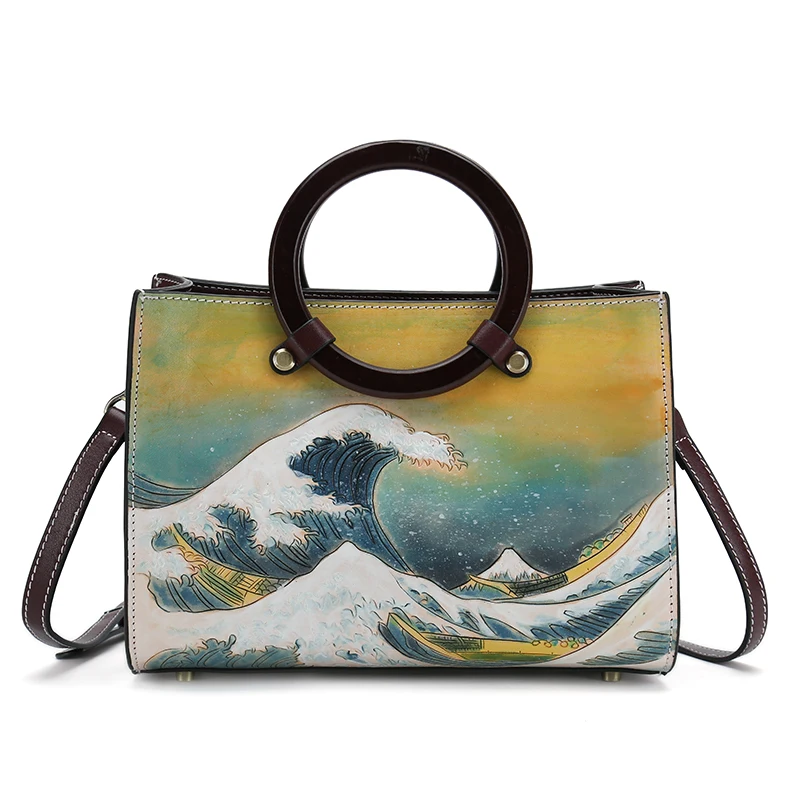 

new arrival handmade famous picture pattern women genuine leather handbags female shoulder bags woman totes