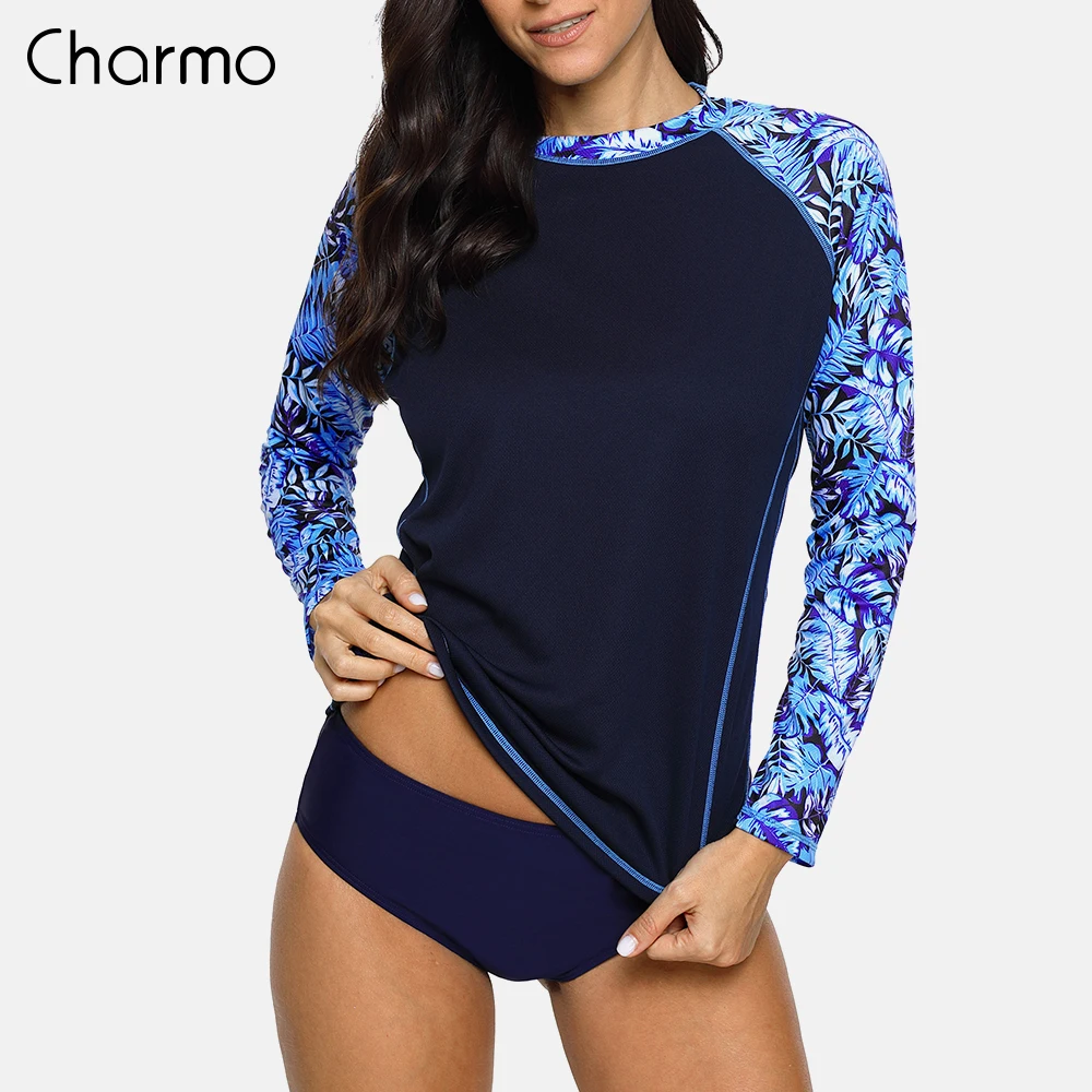 Charmo المرأة طويل كم Rashguard الرجعية الأزهار طباعة التجفيف السريع قميص تصفح أعلى المشي قمصان طفح الحرس UPF50 + تي شيرت Charmo المرأة طويل كم Rashguard الرجعية الأزهار طباعة التجفيف السريع قميص تصفح أعلى المشي قمصان طفح الحرس UPF50 + تي شيرت