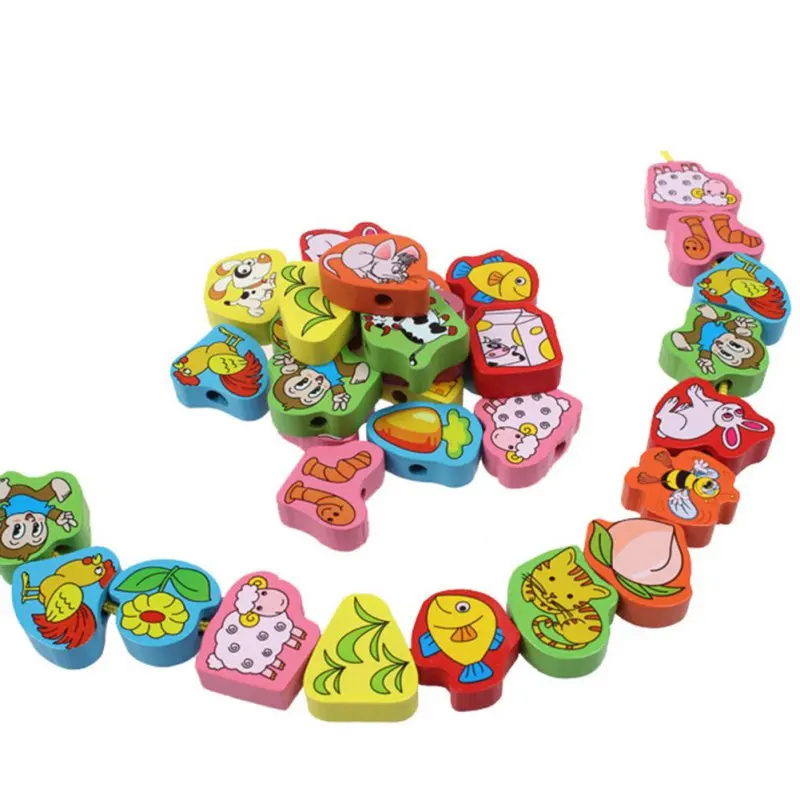 26pcs Baby Wooden Toys Cartoon Lacing Wooden Threading