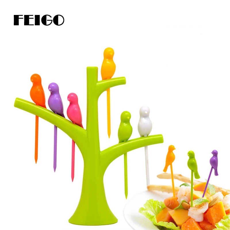 

FEIGO Tableware Fruit Forks 6pcs +1 Stand Birds Tree Shape Fruits Fork Vegetable Fruit Snack Dessert Forks Holder For Party F464