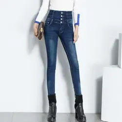 6793 Высокая талия универсальные обтягивающие джинсы для женщин синий черный стрейч деним промывают Мода однобортный Плюс Размер пуш-ап