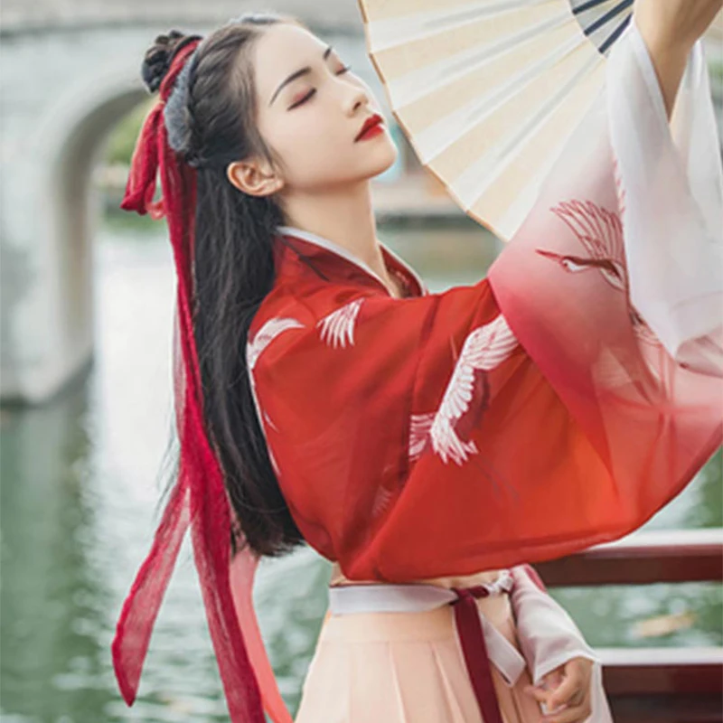 Женский костюм Hanfu, китайский стиль, Студенческая Китайская древняя и традиционная одежда, женское Красное элегантное платье для народных танцев DQL731