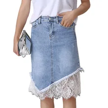 Асимметричная винтажная женская джинсовая юбка синяя кружевная джинсовая элегантные женские юбки повседневные Летние миди юбки модная юбка-карандаш