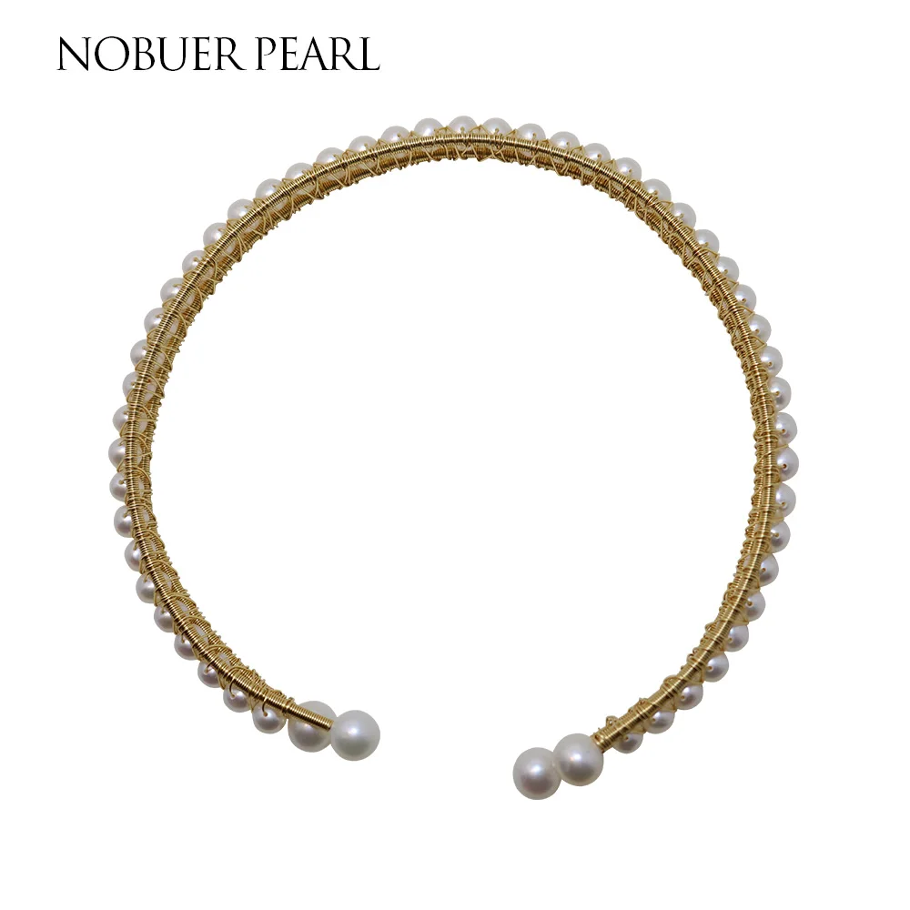 

Nobuer 14KGF Link Chain Torques Pearl Necklace White Round Pearl Unique Process Design Real Pearl Chain Necklace For Women
