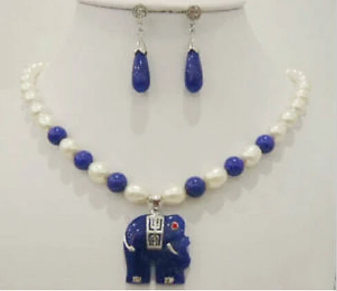 

white Freshwater Cultured pearl & blue jade elephant pendant necklace earrings set