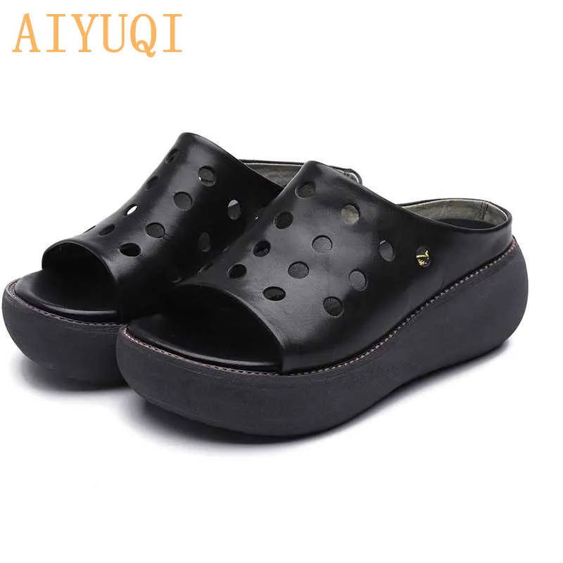 

AIYUQI Slipper female platform 2019 new women's slippers genuine leather retro casual summer sandals women high heel flip flop