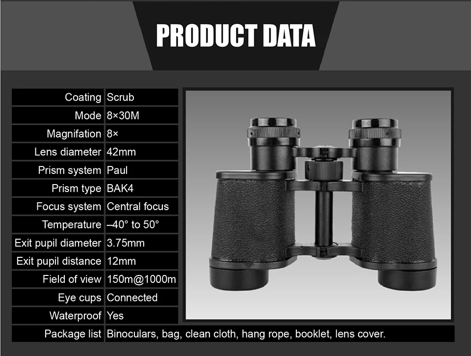 8X30 HD مناظير تلسكوب واسعة الزاوية زووم الوسطى معدن عسكري عالية الوضوح مناظير بريزم عدسات تكبير للصيد