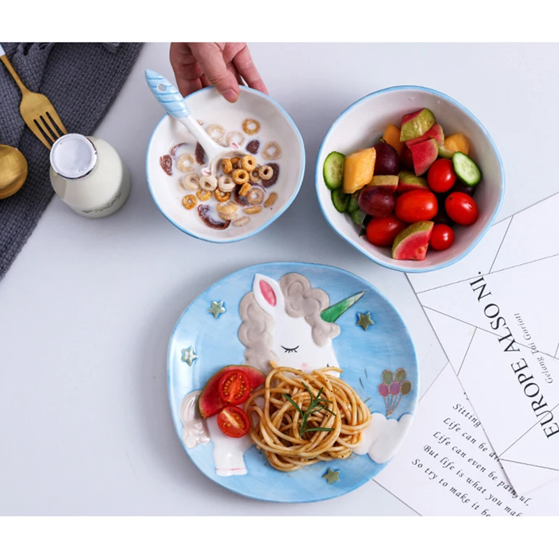 Творческий Керамическая посуда наборы Симпатичный мультфильм Unicorn фарфоровый набор посуды Латы Ложка Bowl Детская Посуда Посуда