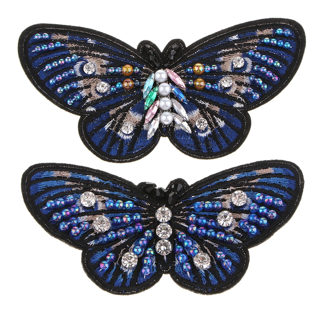 Crystal Pearl Beaded Patches Butterfly Style Clothes Embellishments Embroidery Applique Decorations for Repair/Design