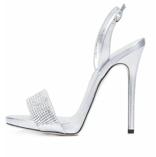 Босоножки на высоком каблуке Женская летняя модельная обувь с ремешком на щиколотке женские сандалии с открытым носком Стразы Свадебная обувь Большие размеры 34–45 - Цвет: silver