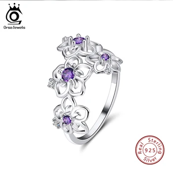 

ORSA JEWELS Genuine 925 Sterling Silver Women Rings Romantic Flower Shape With Clear Blue Purple AAA Zircon Fine Jewelry OSR91