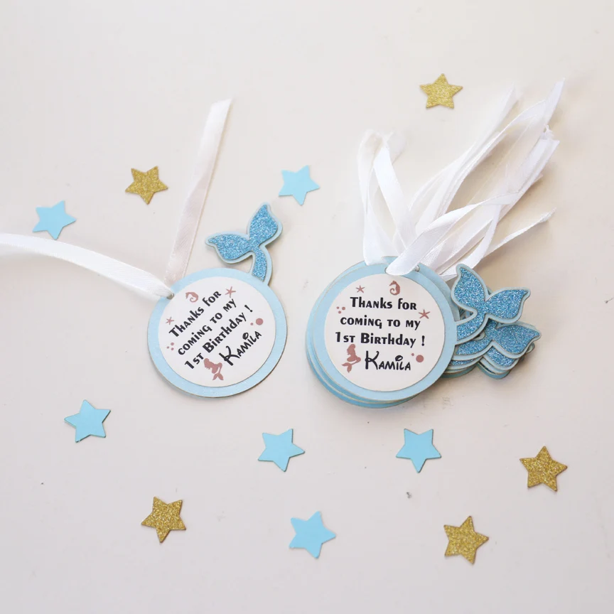 

Personalized first birthday favor tags, mermaid party gift tags, laser cut baby shower thank you tags, sea themed favour tag