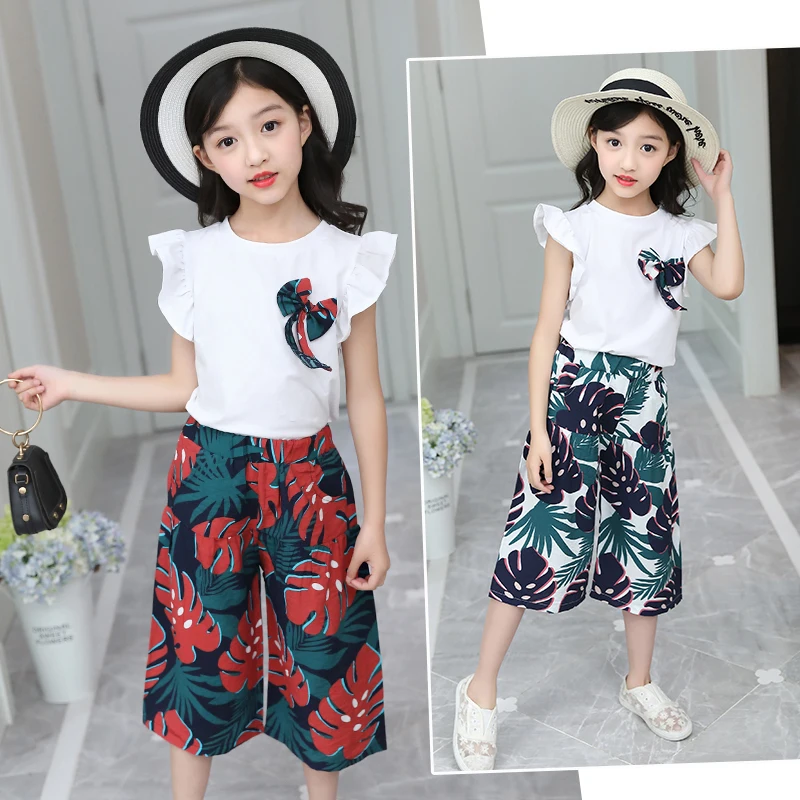 FYH Summer Kids Clothing Girls Cotton T shirt +Floral Pants 2Pcs Baby