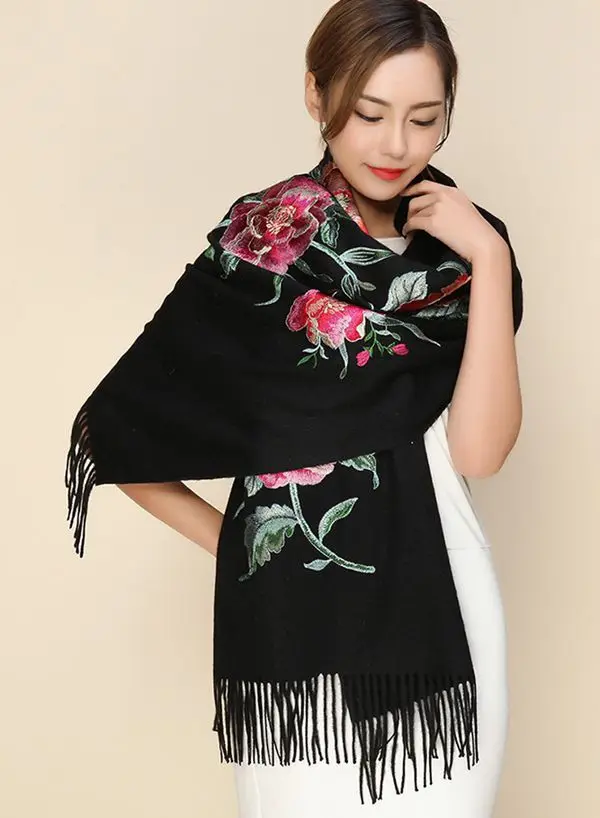 Кашемировый шарф с вышивкой, зимняя женская шаль с цветочным принтом, хиджаб, цветы, толстые шарфы, длинные шали, размер 200*70 см - Цвет: black