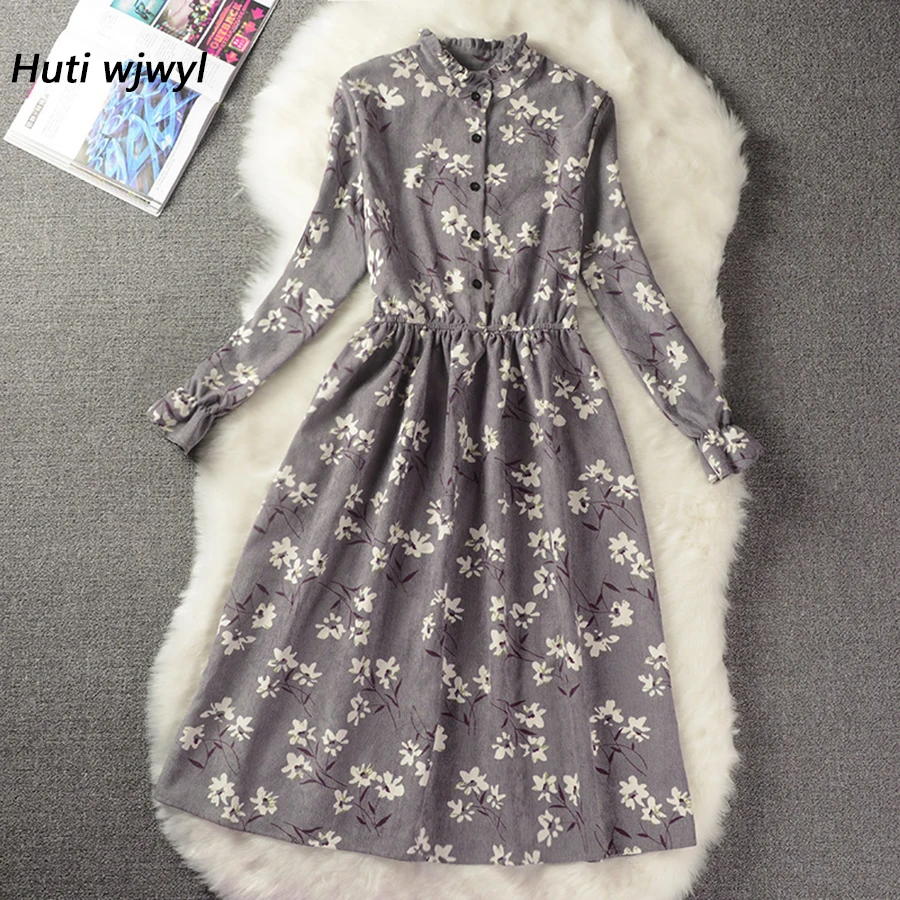 Kopen Corduroy Hoge Elastische Taille Vintage Jurk A lijn Stijl Vrouwen Volledige Mouw Bloem Plaid Print Jurken Slim Lente Jurk 18 Kleuren