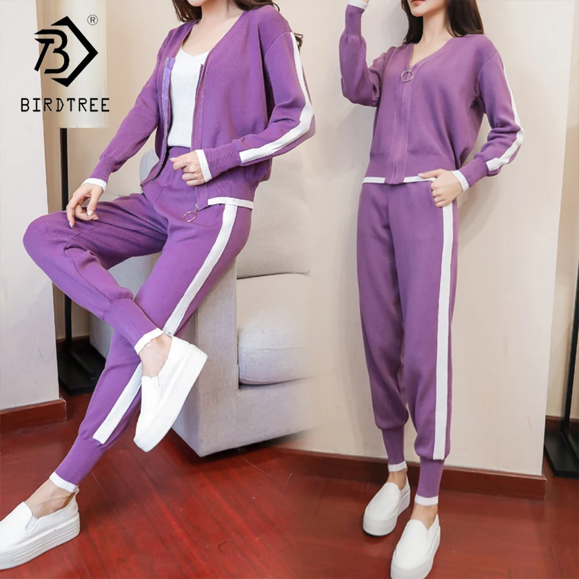 

Women's Casual Knitting Set Purple V Neck Solid Zipper Full Sleeve Coat And Pants 2018 Fashion Hot Sale Two Piece Sets S88809Y