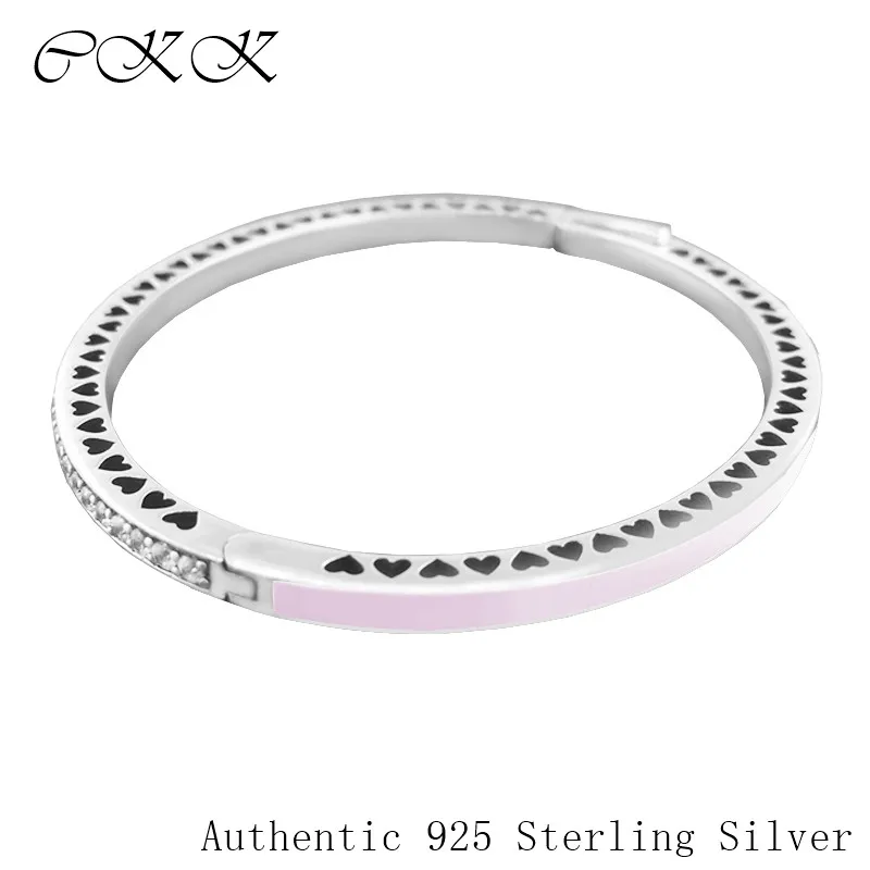 

Authentic 925 Sterling Silver Radiant Hearts Bangle With Light Pink Enamel & Clear CZ for Women Fit Charm Beads SLB041