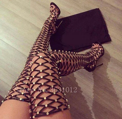 

2019 Runway Top Brand Spikes Rivets Cages Cut-outs Summer Women Sandals Boots Thigh High Heels Back Zipper Open Toe Shoes Woman