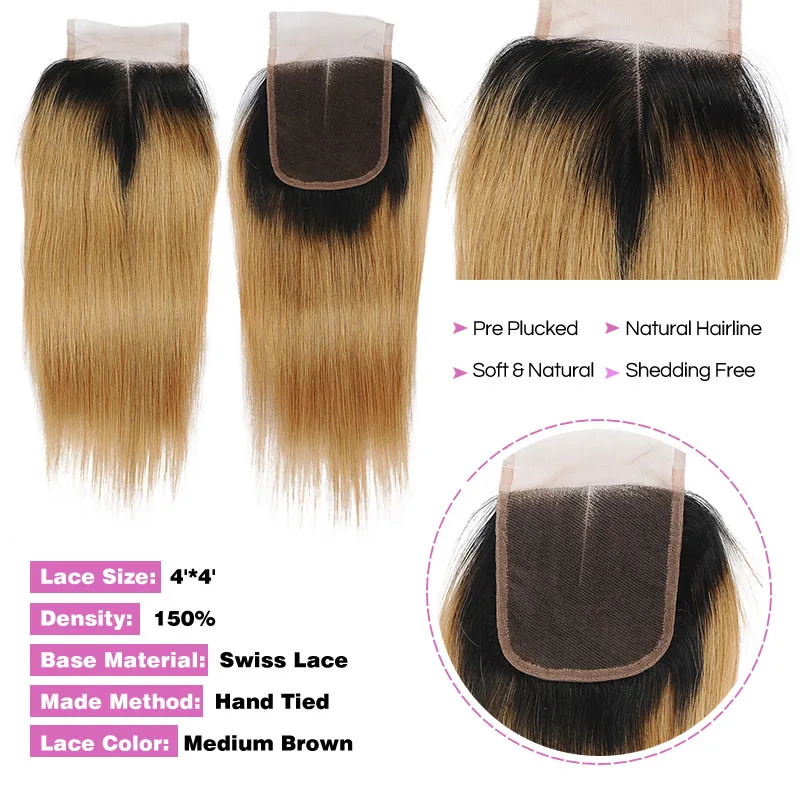 Pinshair Honey 1B 27 3 пучка с закрытыми волосами бразильские прямые волосы блонд пучки Canbe