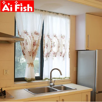 

Japanese and Korean Rose Embroidered Half Curtain Semi-shade Green Plush Ball Lace Bottom Tulle Kitchen Short Curtains MY403#4