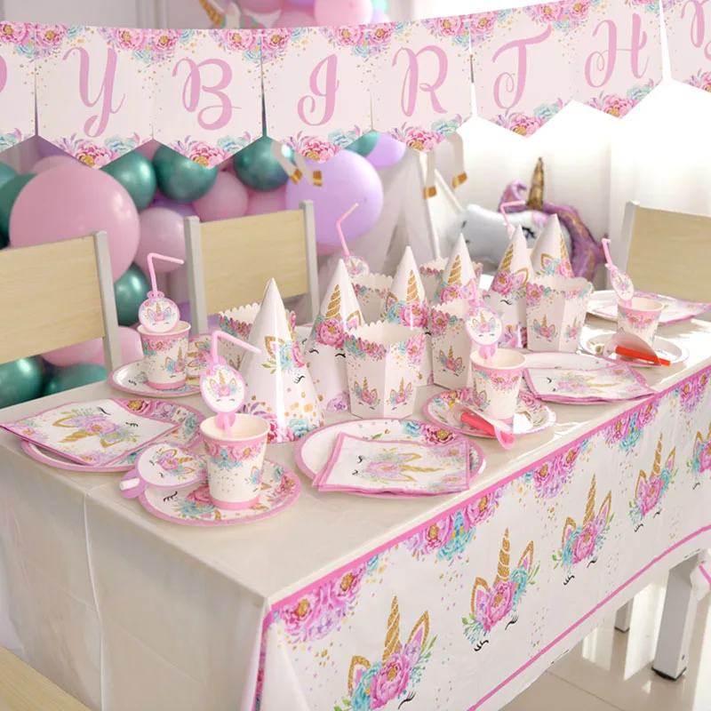 

Unicorn Theme Supplies Disposable Party Tableware Plate Cup Flag Banner Napkin Wedding Kids Birthday Pool Party Decor Supplies,Q