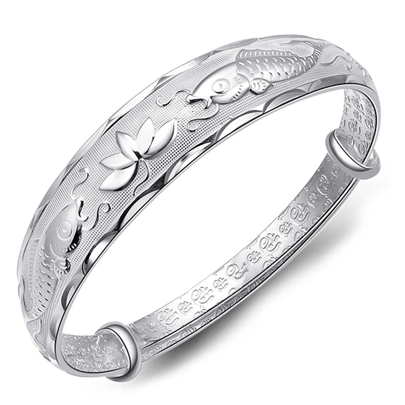 

Lovely Adjustable Bangle Two Fish Lotus Silver Plated Bracelet Jewelry For Women Fashion Super Flash Bracelet Jewelry 2018 New