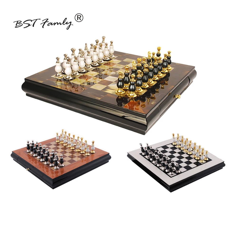

BSTFAMLY Kirsite Metal Chess Set Iternational Chess Game Plastic Box Chessboard Chessman Chess Game Gift Ornament I50