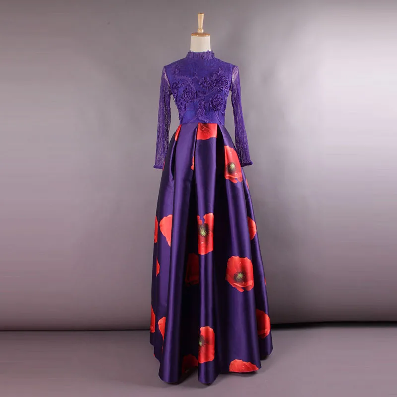 

2017 Spring And summer Newest Elegant Purple Round Collar Perspectivity Of Embroidery Expansion Bottom Luxury Long Dress