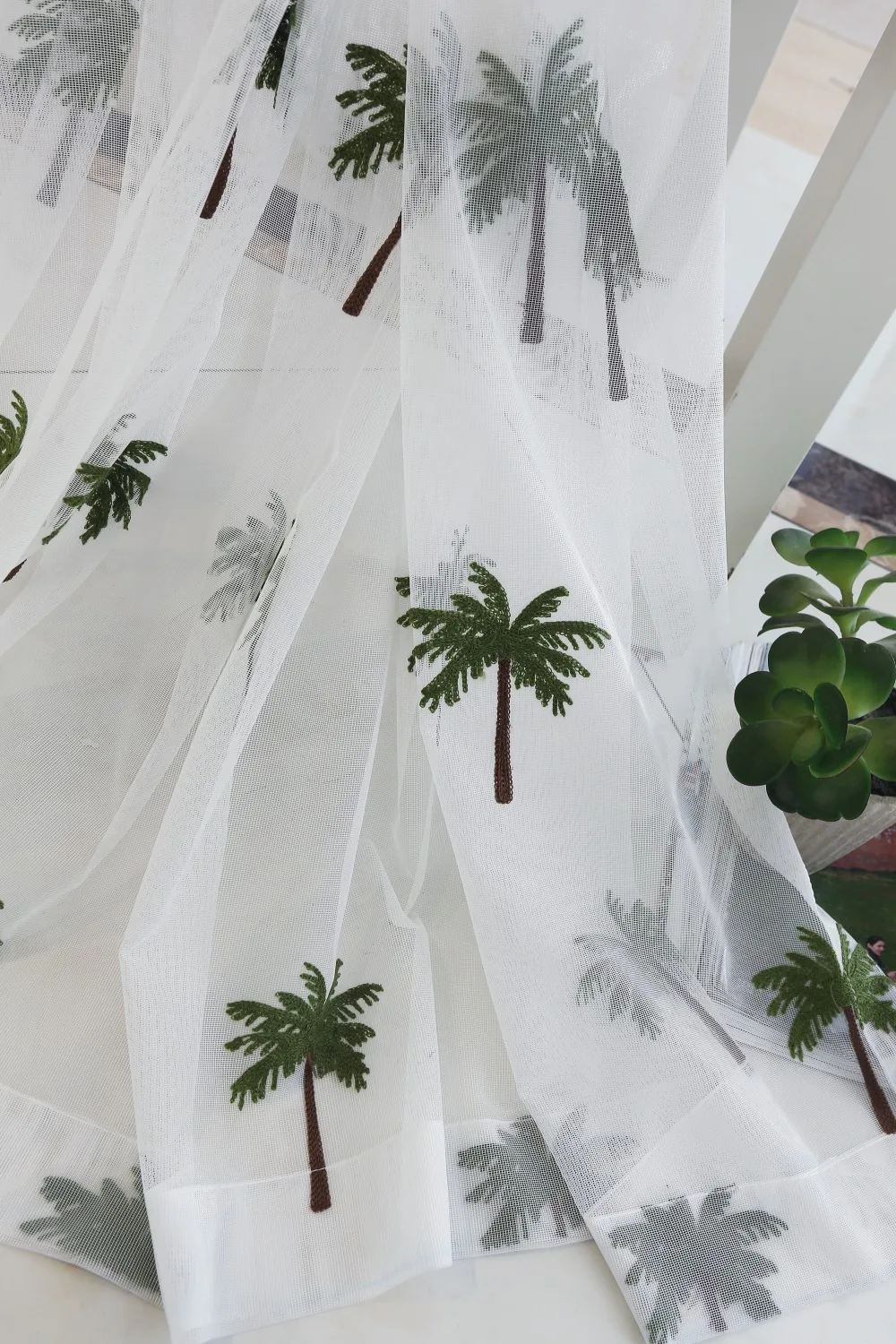 Simple Modern Coconut Tree Screen Embroidery Sheer Voile Window Drapes for Living Room Door Lace Curtains A966 (24)