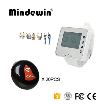 

Mindewin 433mhz Pager Restaurant Wireless Calling Bell System 1PCS Watch Pager M-W-1 and 20PCS Table Call Buttons M-K-1