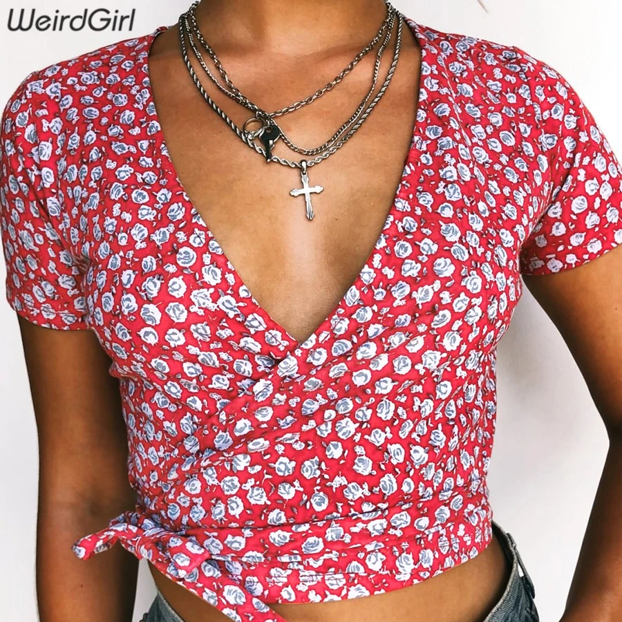 

Weirdgirl women fashion casual t-shirts flower print girl tees v-neck short sleeve slim streetwear femme tees summer tops new