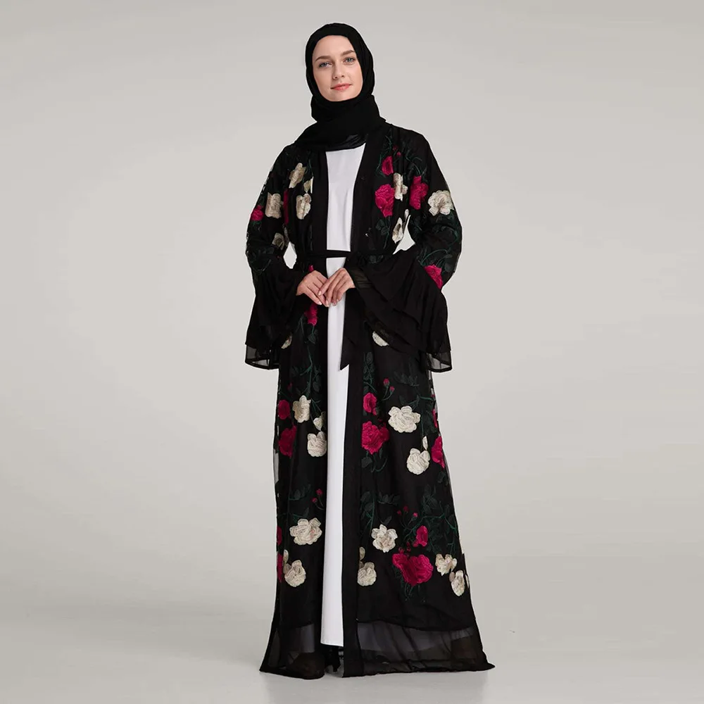 

Luxury Muslim Sleeve Cardigan Kimono Long Robe Tunic Middle Embroidery Floral Abaya Full Dresses Flare East Ramadan Arab Islamic