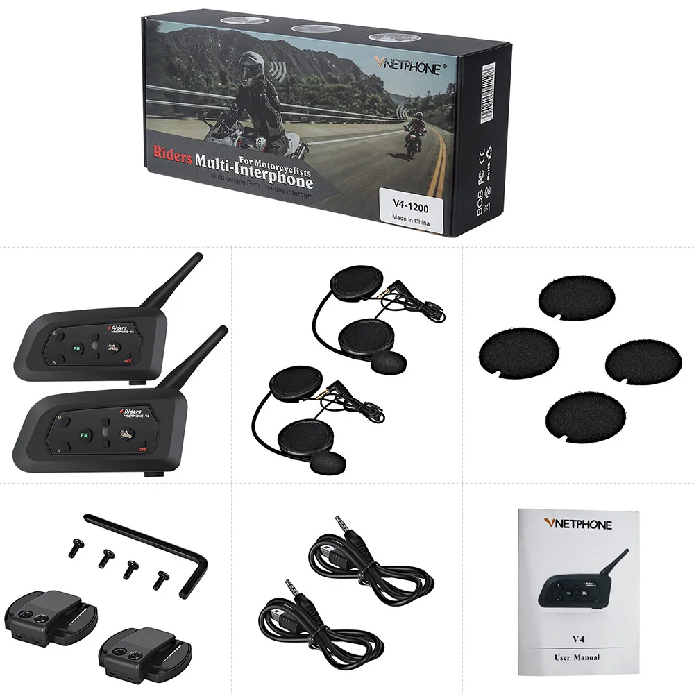

Vnetphone V4 Motorcycle Helmet Intercom Headset 1200M 4 Riders Motorcycle BT Interphone With FM Radio duoble Accessories