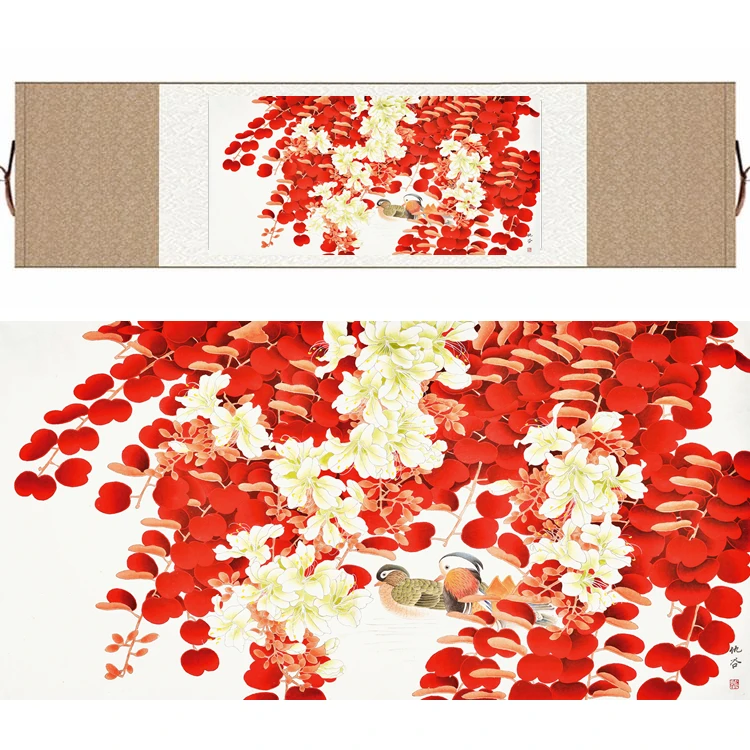 

Chinese Silk watercolor flower and birds ink Azalea mandarin duck feng shui canvas wall picture damask framed scroll painting