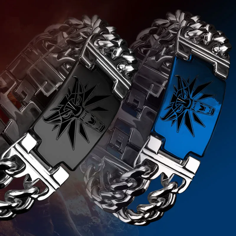

The Witcher Bracelet Titanium Steel Bracelet The Witcher 3 Wild Hunter Wolf Head Logo Bracelets For Women Men Game Cosplay Gift