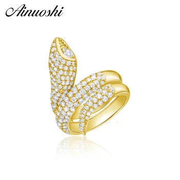 

AINUOSHI 14K Solid Gold Cute Snake Rings Iced Out SONA Diamond Cluster Band Women Wedding Anniversary Engagement Animal Rings