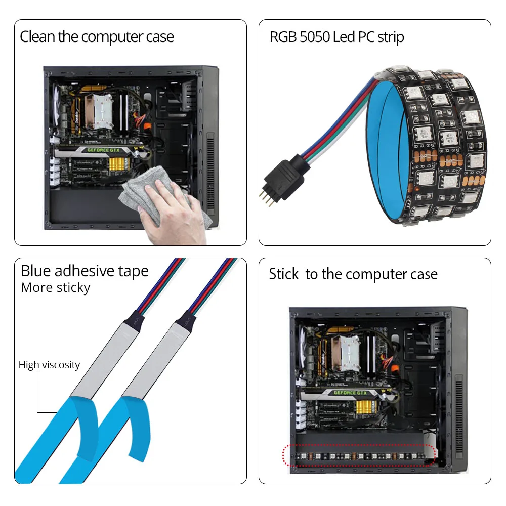 RGB LED قطاع ضوء للكمبيوتر وحدة معالجة خارجية للحاسوب ، SATA امدادات الطاقة واجهة + 17key جهاز التحكم عن بُعد بالتردادات الرادوية/ اللاسلكية اللاسلك...