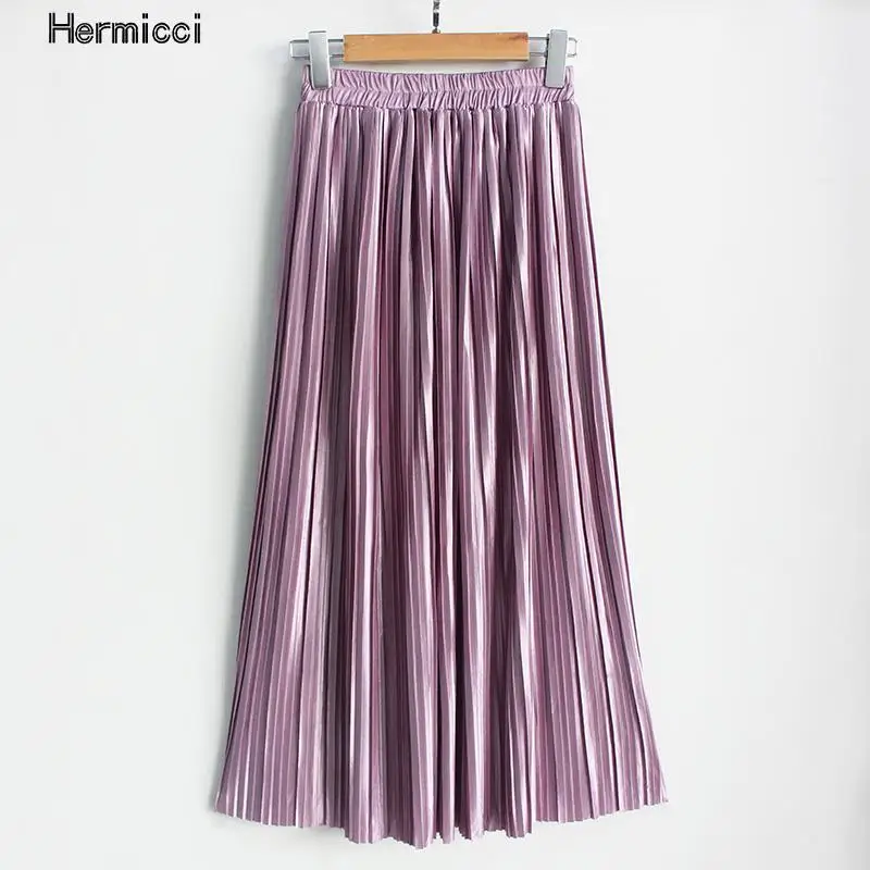 Hermicci 2020 Fashion Skirts Summer Pleated Long Skirts Women Metallic Midi Skirts Faldas Largas Mujer