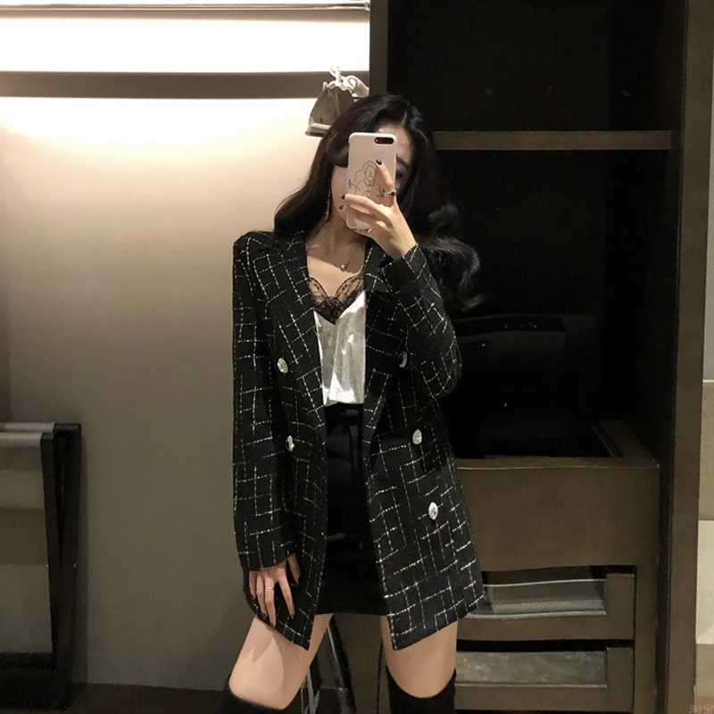 Vintage Plaid Tweed Jacket Women New Spring Streetwear Double Breasted Notched Pocket Jackets Long Sleeve Wool Outerwear Casaco