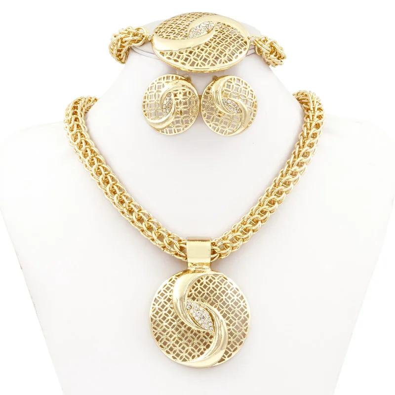 Chinese Tai Chi Jewelry Dubai Golden Plated Big Necklace Jewelry Sets Fashion Nigerian Wedding African crystal