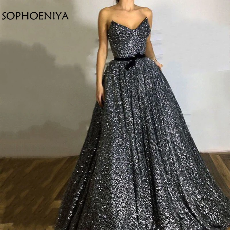 

New Arrival Sequined Lace Evening dress Silver Party dress Evening gowns A-Line Abiye Dubai Arabic formal dress robe sirene