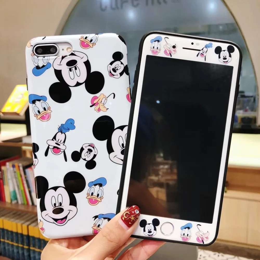 

Phone Case Cartoon Full Tempered Glass Screen Protector Suit For iphone X 6s 6S Plus 7plus 8 Plus 6 s Mickey Minnie Mouse Shell