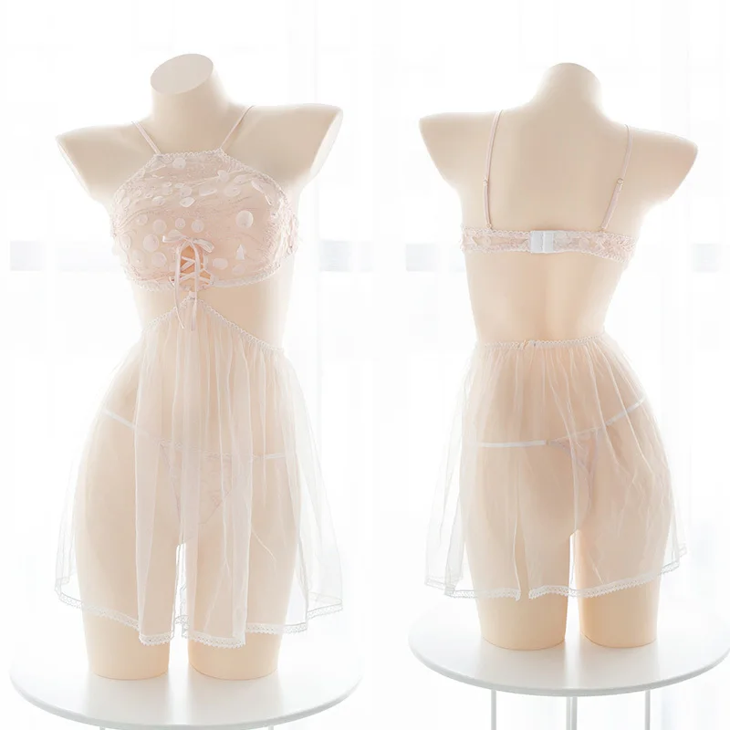 

Sexy Maid Mesh Kawaii Lolita Lotus Root Starch Perspective Underwear Set Apron Nightdress Women's Transparent Lingerie Sleepwear