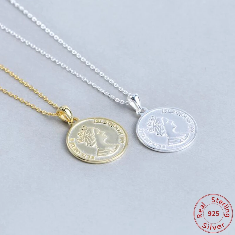 

Real 925 Sterling Silver Head Coin Necklace Gold Color Charm Chokers Necklaces Vintage Hanging Pendant Necklaces Lady