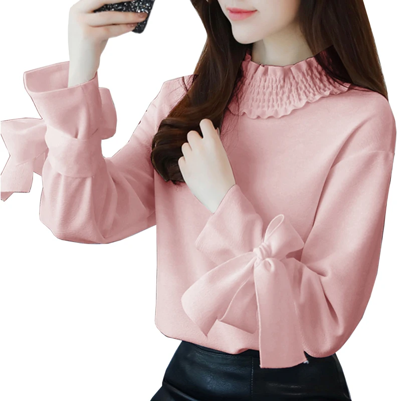 Fashion Turtleneck Blouses women slim shirt pink solid color elegant ruffles chiffon blouse 