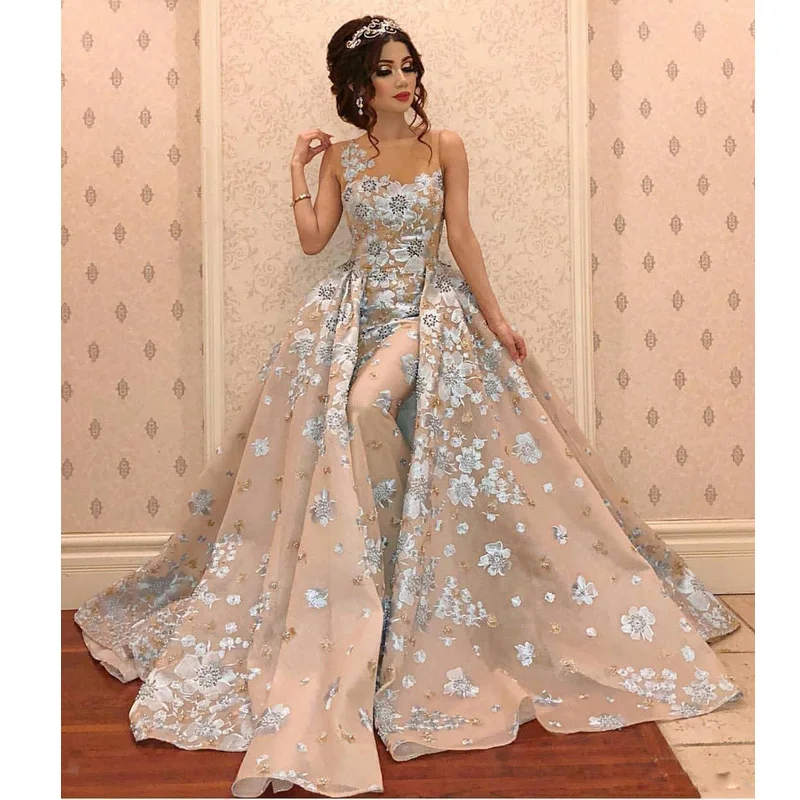 

2019 Modest Embroidery Lace Mermaid Evening Dresses with Detachable Train Jewel Neck Beading Abric Dubai Celebrity Gowns